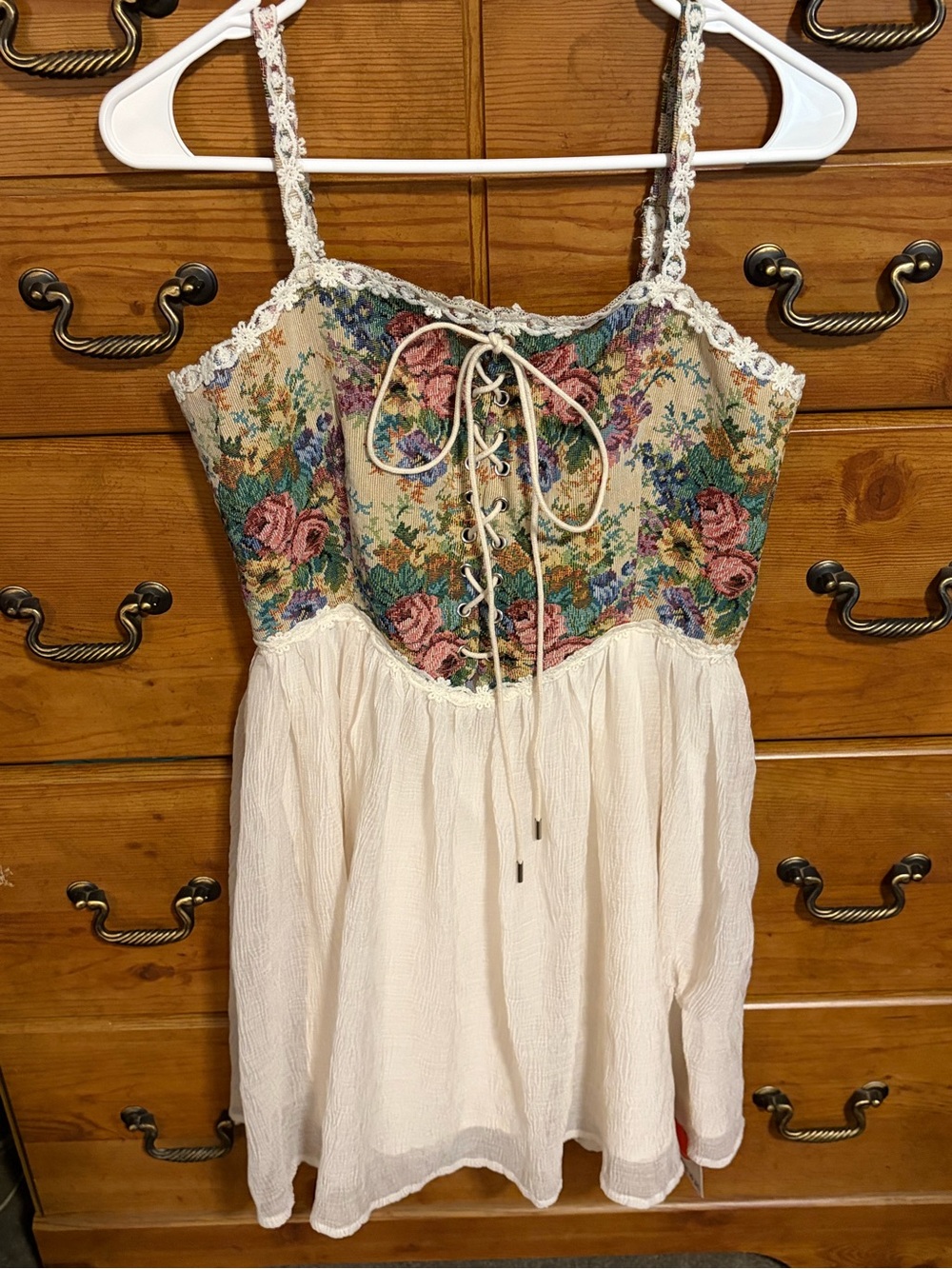 Cider Floral Lace-Up Bodice Cream Mini Dress